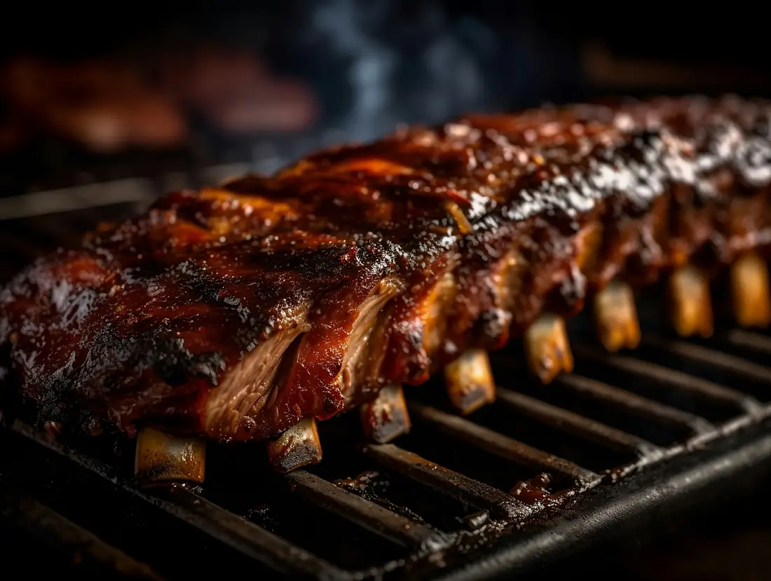 Glossy ribs cooking on a grill.